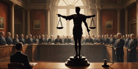 Balanced scale with witnesses and gavel, symbolizing justice in personal injury lawsuits.